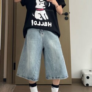 High Street Women’s Washed Denim Seven-Point Shorts - Retro Loose Slim Straight Wide-Leg Summer Fashion