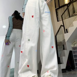 High Street Women's White Embroidered High-Waisted Wide-Leg Jeans - Casual Versatile Slim-Fit Floor-Length Style