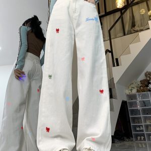 High Street Women's White Embroidered High-Waisted Wide-Leg Jeans - Casual Versatile Slim-Fit Floor-Length Style