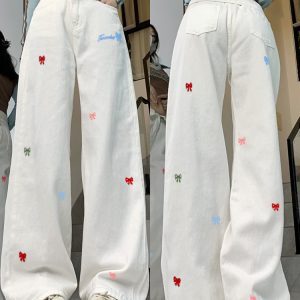High Street Women's White Embroidered High-Waisted Wide-Leg Jeans - Casual Versatile Slim-Fit Floor-Length Style