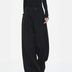 High Waist Black Wide Leg Draped Pleated Casual Pants for Women - Spring Fashion Loose Slimming Style