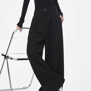 High Waist Black Wide Leg Draped Pleated Casual Pants for Women - Spring Fashion Loose Slimming Style