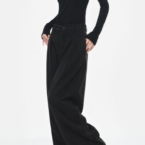 High Waist Black Wide Leg Draped Pleated Casual Pants for Women - Spring Fashion Loose Slimming Style