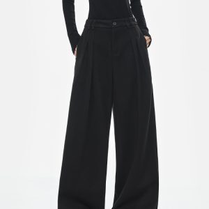 High Waist Black Wide Leg Draped Pleated Casual Pants for Women - Spring Fashion Loose Slimming Style