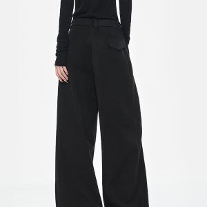 High Waist Black Wide Leg Draped Pleated Casual Pants for Women - Spring Fashion Loose Slimming Style