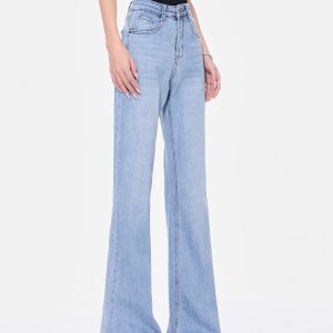 High Waist Blue Flared Jeans for Women - Spring Slim Fit Bootcut Pants, Straight Leg Style, Trendy 90s Inspired Long Trousers