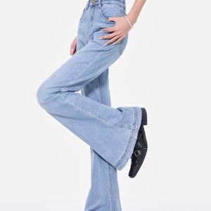High Waist Blue Flared Jeans for Women - Spring Slim Fit Bootcut Pants, Straight Leg Style, Trendy 90s Inspired Long Trousers