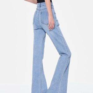 High Waist Blue Flared Jeans for Women - Spring Slim Fit Bootcut Pants, Straight Leg Style, Trendy 90s Inspired Long Trousers