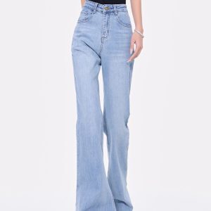 High Waist Blue Flared Jeans for Women - Spring Slim Fit Bootcut Pants, Straight Leg Style, Trendy 90s Inspired Long Trousers