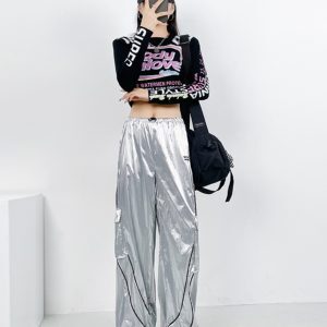 High Waist Silver Jazz Dance Pants for Women - Hip Hop Street Style Cuffed Sweatpants, Straight Leg Athletic Trousers
