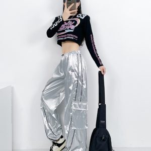 High Waist Silver Jazz Dance Pants for Women - Hip Hop Street Style Cuffed Sweatpants, Straight Leg Athletic Trousers