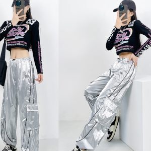 High Waist Silver Jazz Dance Pants for Women - Hip Hop Street Style Cuffed Sweatpants, Straight Leg Athletic Trousers