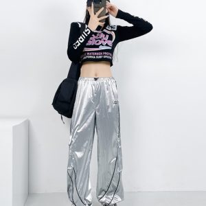 High Waist Silver Jazz Dance Pants for Women - Hip Hop Street Style Cuffed Sweatpants, Straight Leg Athletic Trousers