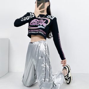 High Waist Silver Jazz Dance Pants for Women - Hip Hop Street Style Cuffed Sweatpants, Straight Leg Athletic Trousers