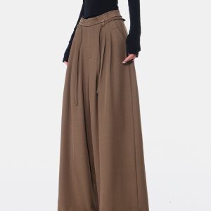 High Waist Wide-Leg Drawstring Suit Pants for Women - Loose Draped Floor-Length Trousers for Spring/Summer Fashion