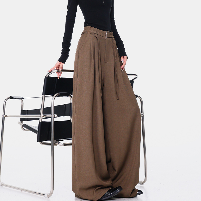 High Waist Wide-Leg Drawstring Suit Pants for Women - Loose Draped Floor-Length Trousers for Spring/Summer Fashion