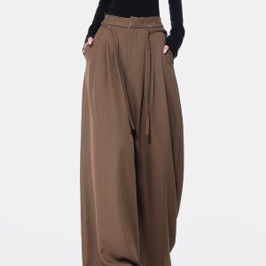 High Waist Wide-Leg Drawstring Suit Pants for Women - Loose Draped Floor-Length Trousers for Spring/Summer Fashion