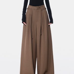 High Waist Wide-Leg Drawstring Suit Pants for Women - Loose Draped Floor-Length Trousers for Spring/Summer Fashion