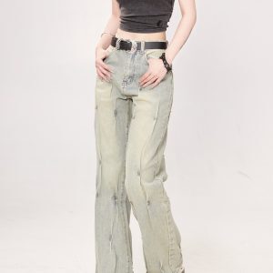 High-Waisted Beaded Gradient Straight-Leg Jeans for Women - Vintage Washed Loose Fit BF Style Trendy Pants
