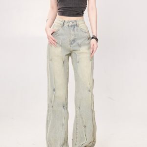 High-Waisted Beaded Gradient Straight-Leg Jeans for Women - Vintage Washed Loose Fit BF Style Trendy Pants