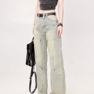 High-Waisted Beaded Gradient Straight-Leg Jeans for Women - Vintage Washed Loose Fit BF Style Trendy Pants