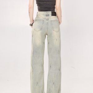 High-Waisted Beaded Gradient Straight-Leg Jeans for Women - Vintage Washed Loose Fit BF Style Trendy Pants
