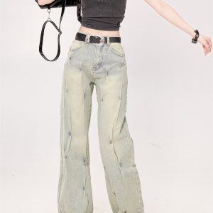 High-Waisted Beaded Gradient Straight-Leg Jeans for Women - Vintage Washed Loose Fit BF Style Trendy Pants