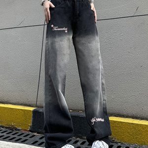 High-Waisted Black and Gray Gradient Wide-Leg Pants for Women - Versatile Casual Slim-Fit High Street Style