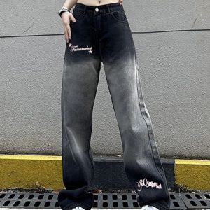 High-Waisted Black and Gray Gradient Wide-Leg Pants for Women - Versatile Casual Slim-Fit High Street Style