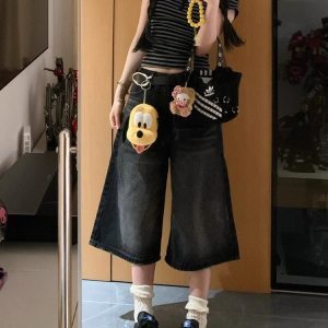 High-Waisted Black Denim Capri Shorts for Women - Retro Loose Wide-Leg Summer Fashion Trousers