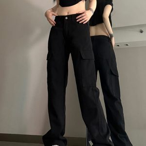 High-Waisted Black Denim Jeans for Women - American Style Workwear, Slimming Loose Straight-Leg Wide-Leg Casual Pants
