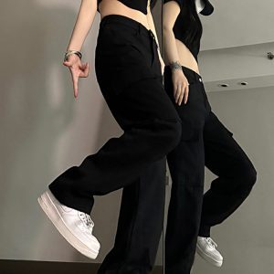 High-Waisted Black Denim Jeans for Women - American Style Workwear, Slimming Loose Straight-Leg Wide-Leg Casual Pants