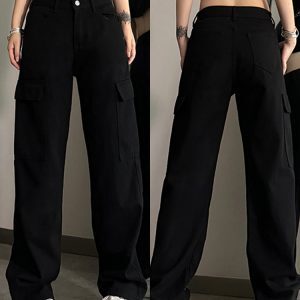 High-Waisted Black Denim Jeans for Women - American Style Workwear, Slimming Loose Straight-Leg Wide-Leg Casual Pants