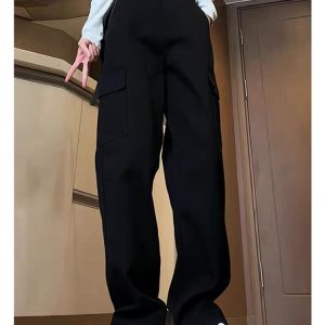 High-Waisted Black Denim Jeans for Women, American-Style Workwear, Slimming Loose Straight-Leg Wide-Leg Casual Pants