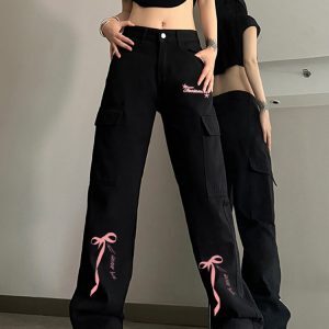 High-Waisted Black Denim Pants for Women with Bow Print, Slimming Straight-Leg Wide-Leg Trousers, American High Street Workwear Style