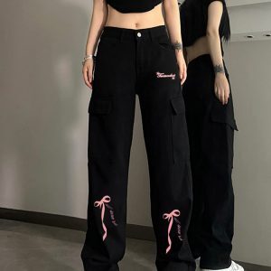 High-Waisted Black Denim Pants for Women with Bow Print, Slimming Straight-Leg Wide-Leg Trousers, American High Street Workwear Style
