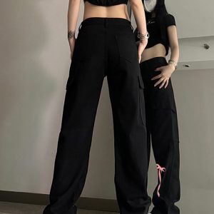 High-Waisted Black Denim Pants for Women with Bow Print, Slimming Straight-Leg Wide-Leg Trousers, American High Street Workwear Style