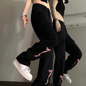 High-Waisted Black Denim Pants for Women with Bow Print, Slimming Straight-Leg Wide-Leg Trousers, American High Street Workwear Style