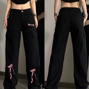 High-Waisted Black Denim Pants for Women with Bow Print, Slimming Straight-Leg Wide-Leg Trousers, American High Street Workwear Style