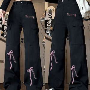 High-Waisted Black Denim Pants for Women with Bow Print, Slimming Straight-Leg Wide-Leg Trousers, American-Style High Street Workwear