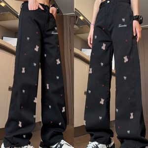 High-Waisted Black Embroidered Wide-Leg Pants for Women - Casual Versatile American Style High Street Fashion