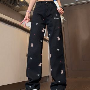 High-Waisted Black Embroidered Wide-Leg Pants for Women - Casual Versatile American Style High Street Fashion