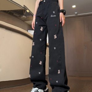 High-Waisted Black Embroidered Wide-Leg Pants for Women - Casual Versatile American Style High Street Fashion