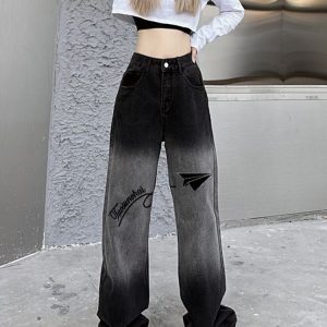 High-Waisted Black Gradient Denim Pants for Women - Trendy Loose Straight-Leg Wide-Leg Style, American-Style Fashion