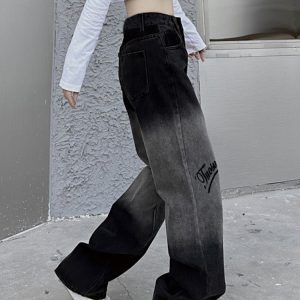 High-Waisted Black Gradient Denim Pants for Women - Trendy Loose Straight-Leg Wide-Leg Style, American-Style Fashion