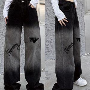 High-Waisted Black Gradient Denim Pants for Women - Trendy Loose Straight-Leg Wide-Leg Style, American-Style Fashion