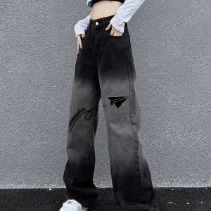 High-Waisted Black Gradient Denim Pants for Women - Trendy Loose Straight-Leg Wide-Leg Style, American-Style Fashion