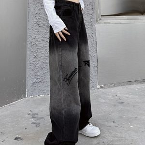 High-Waisted Black Gradient Denim Pants for Women - Trendy Loose Straight-Leg Wide-Leg Style, American-Style Fashion