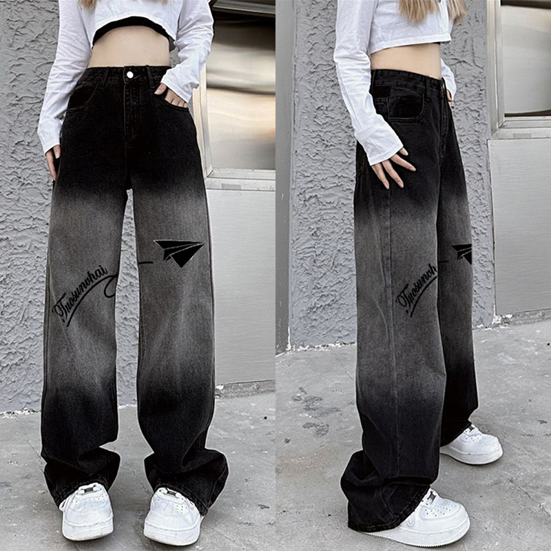 High-Waisted Black Gradient Denim Pants for Women - Trendy Loose Straight-Leg Wide-Leg Style, American-Style Fashion