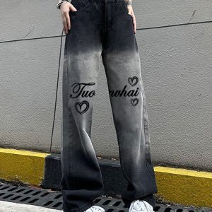 High-Waisted Black Gradient Heart Print Wide-Leg Pants for Women - American High Street Casual Slim-Fit Style